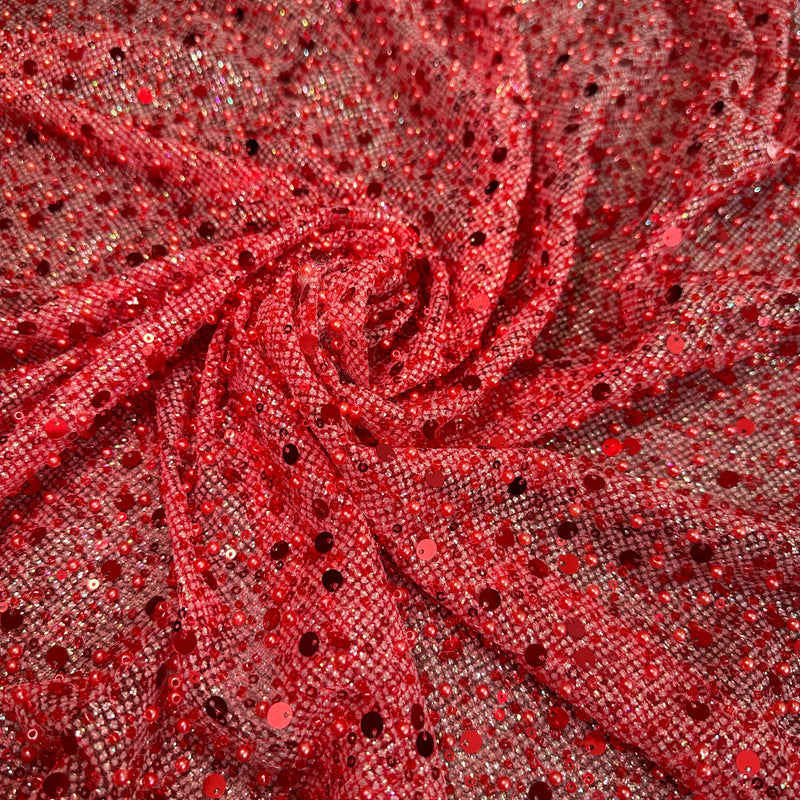 Red Sequin Pearl Beaded Mesh