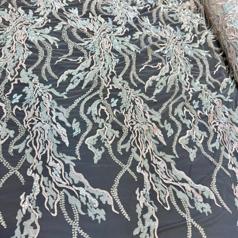 Beaded Sequin Lace Blush-Mint Abstract Leaf