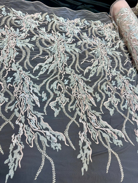 Beaded Sequin Lace Blush-Mint Abstract Leaf