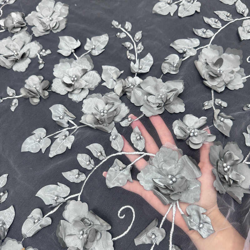 Beaded Lace Mesh Silver 3D Flower