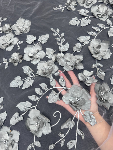Beaded Lace Mesh Silver 3D Flower