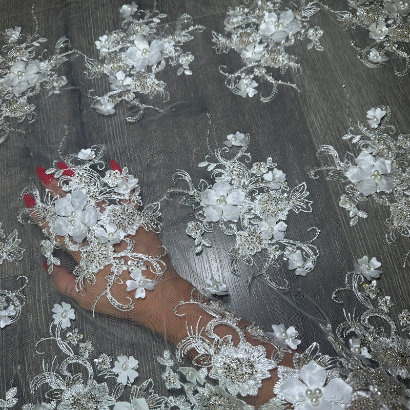 White 3D Floral Embroidered Beaded Tulle Lace