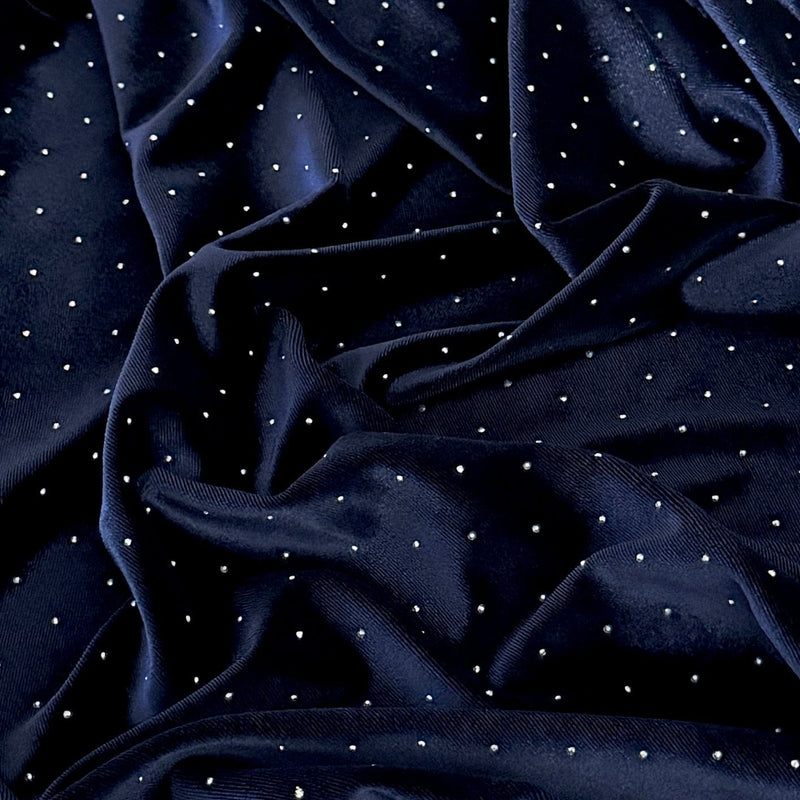 Rhinestone Beaded Stretch Velvet Navy Blue