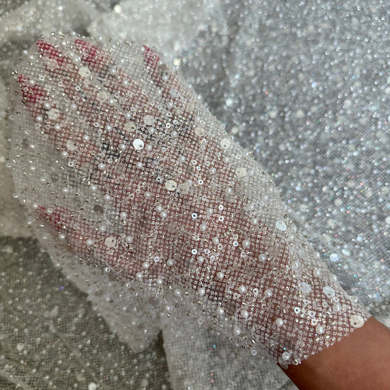 Stretch Sequin Pearl Beaded Mesh Off White