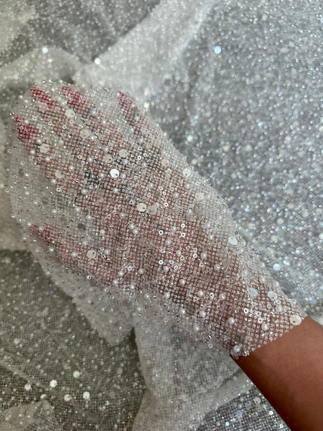 Stretch Sequin Pearl Beaded Mesh Off White