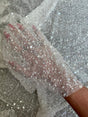 Stretch Sequin Pearl Beaded Mesh Off White