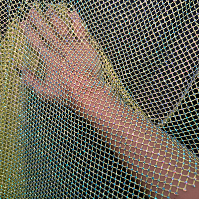 Yellow Rhinestone Diamond Fishnet Mesh
