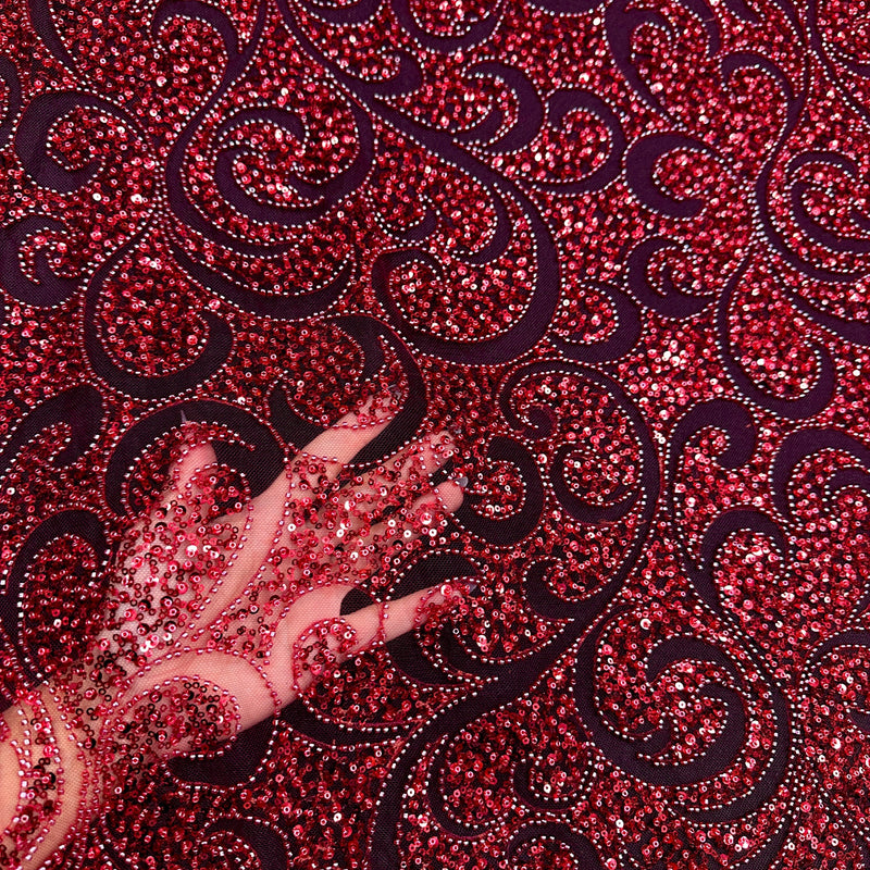 Stretch Sequin Beaded Scroll Lace Mesh