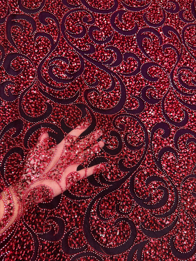 Stretch Sequin Beaded Scroll Lace Mesh