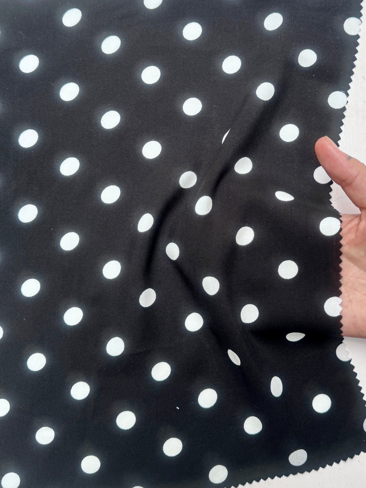 Printed Rayon Challis White Polka Dots Black
