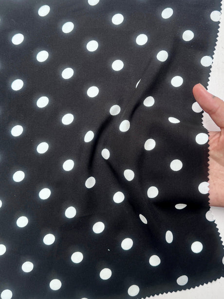 Printed Rayon Challis White Polka Dots Black