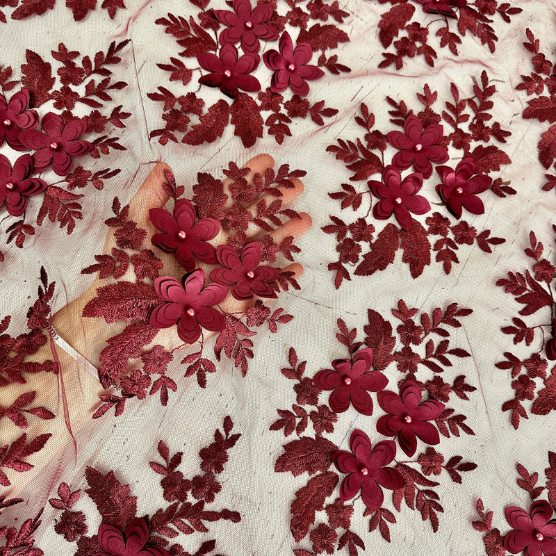 Burgundy 3D Flower Scalloped Mesh Lace
