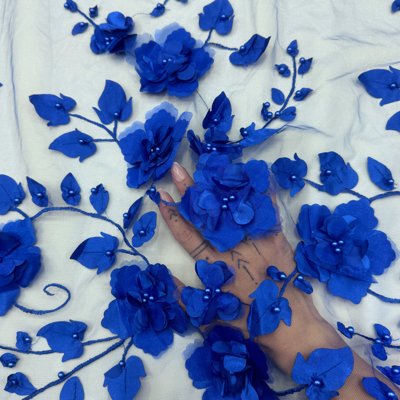 Beaded Lace Mesh Royal Blue 3D Flower