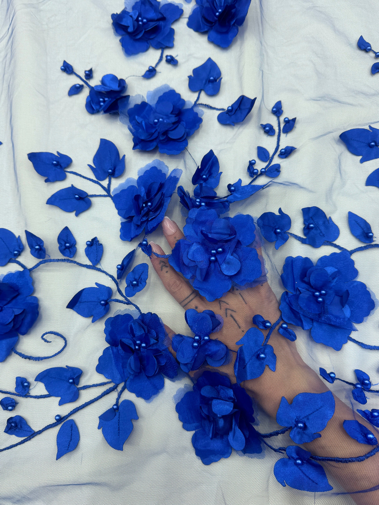Beaded Lace Mesh Royal Blue 3D Flower