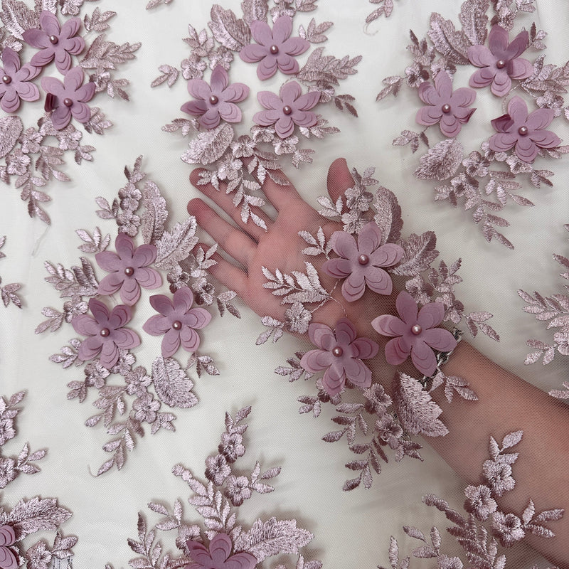 3D Flower Scalloped Mesh Lace Blush