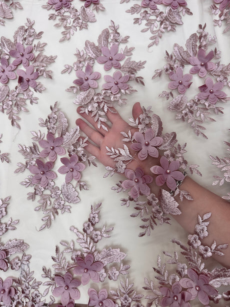 3D Flower Scalloped Mesh Lace Blush