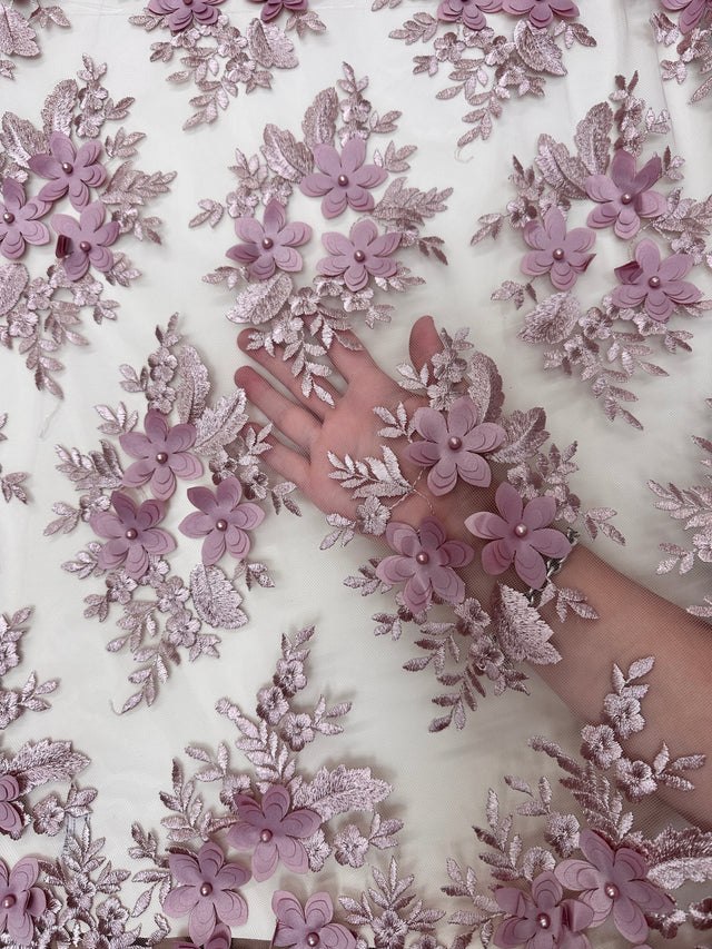 3D Flower Scalloped Mesh Lace Blush