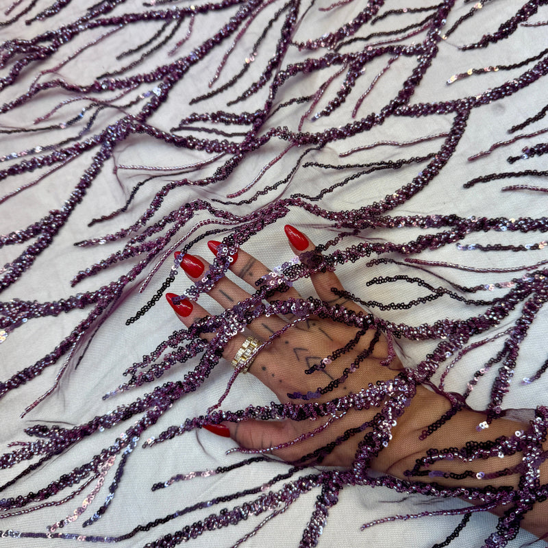 Beaded Sequin Lace on Mesh Lavender