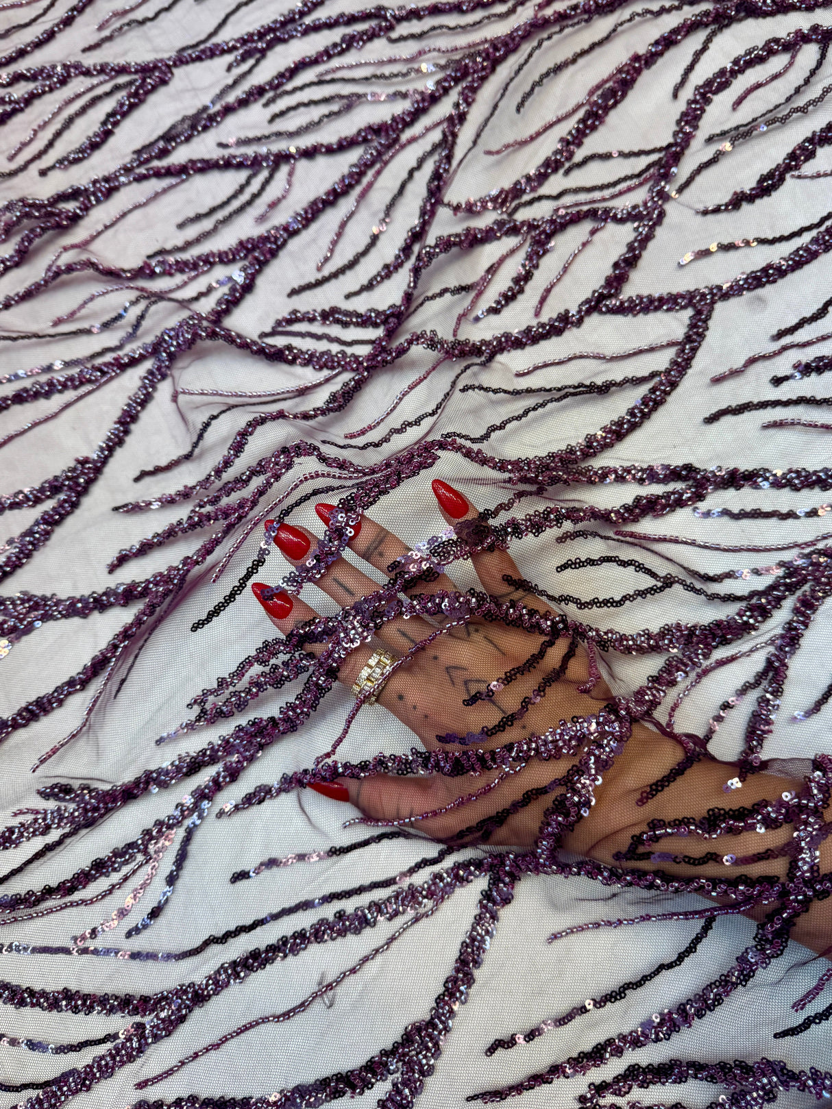 Beaded Sequin Lace on Mesh Lavender