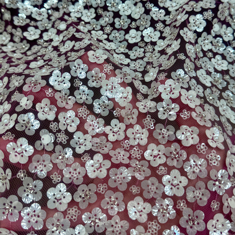 3D White Sequin Flowers on Baby Pink Mesh