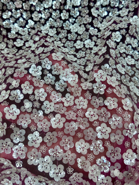 3D White Sequin Flowers on Baby Pink Mesh