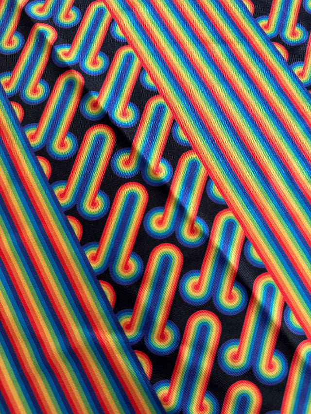 Printed Nylon Spandex Black Retro Rainbow Graphic