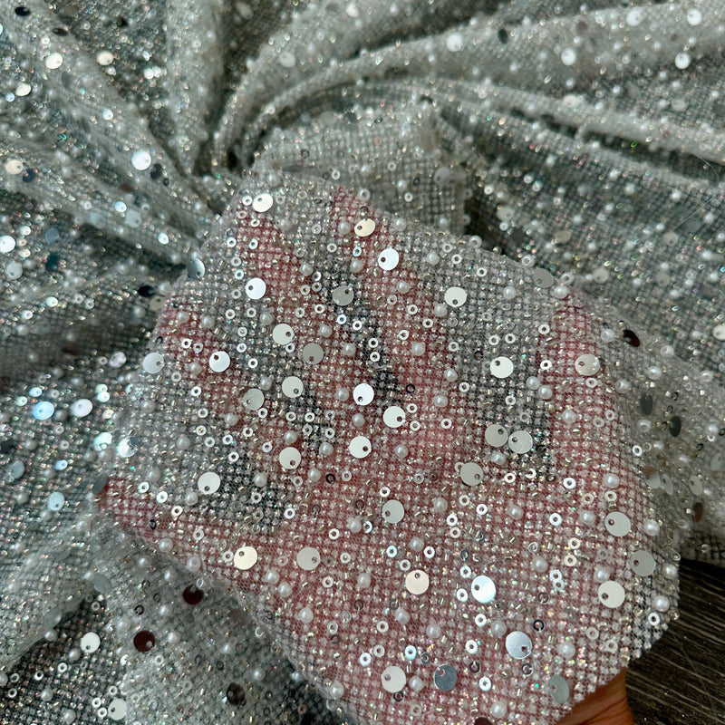 Stretch Silver Sequin Pearl Beaded Mesh
