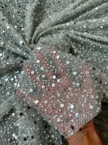 Stretch Silver Sequin Pearl Beaded Mesh