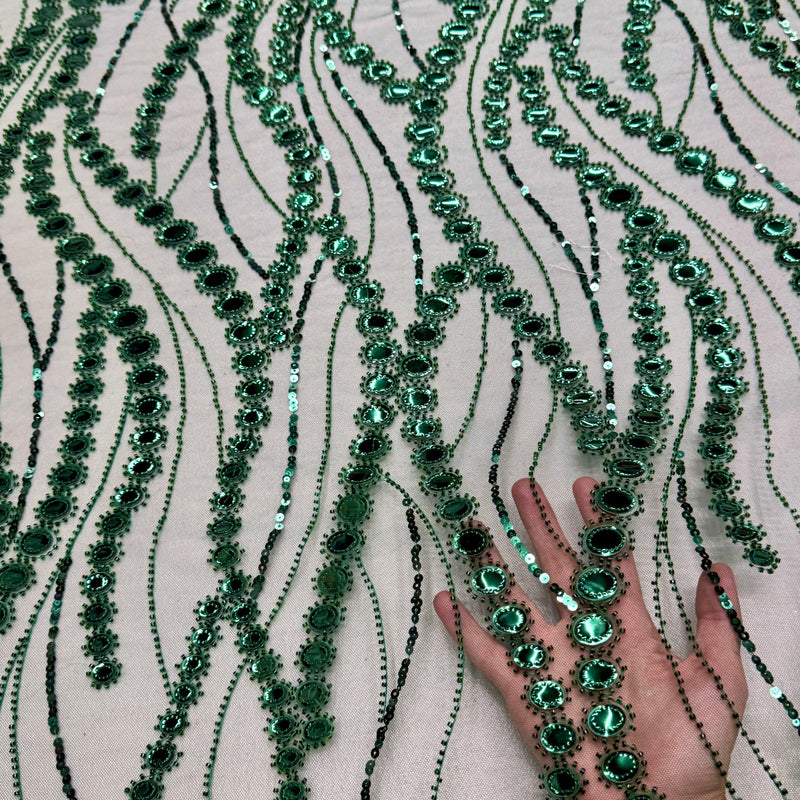 Stretch Mirror Sequin Wave Lace Emerald Green