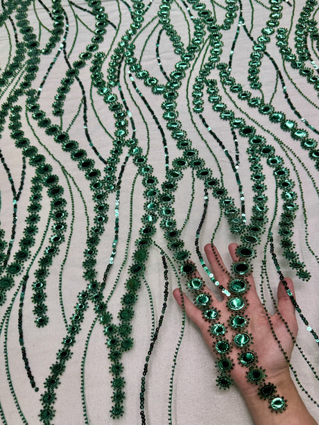 Stretch Mirror Sequin Wave Lace Emerald Green