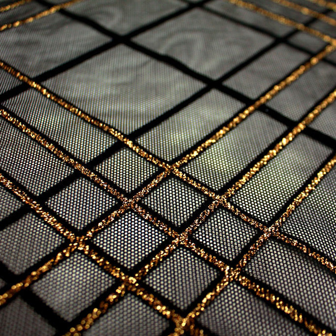Mary Jane Glitter Stretch Mesh Polyester Spandex Fabric - Plaid, Black Flocking, Glitter, 54" Usable Width (1 Yard)