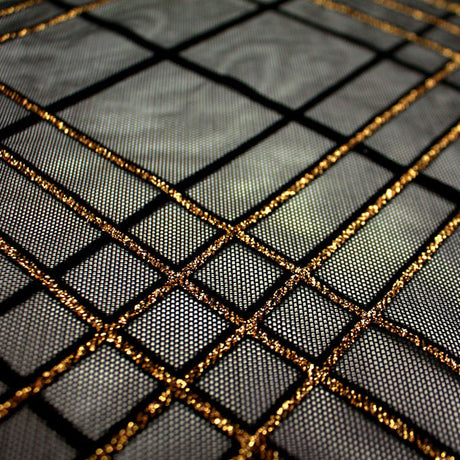 Mary Jane Glitter Stretch Mesh Polyester Spandex Fabric - Plaid, Black Flocking, Glitter, 54" Usable Width (1 Yard)