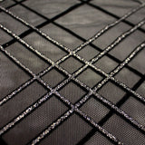 Mary Jane Glitter Stretch Mesh Polyester Spandex Fabric - Plaid, Black Flocking, Glitter, 54" Usable Width (1 Yard)
