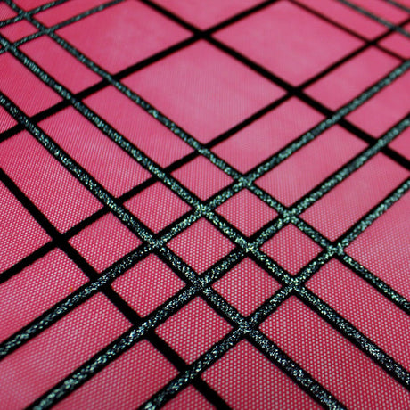 Mary Jane Glitter Stretch Mesh Polyester Spandex Fabric - Plaid, Black Flocking, Glitter, 54" Usable Width (1 Yard)