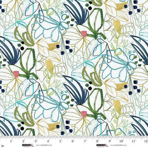 Cotton Print Matcha Abstract Outline Flowers Fabric 44/45"