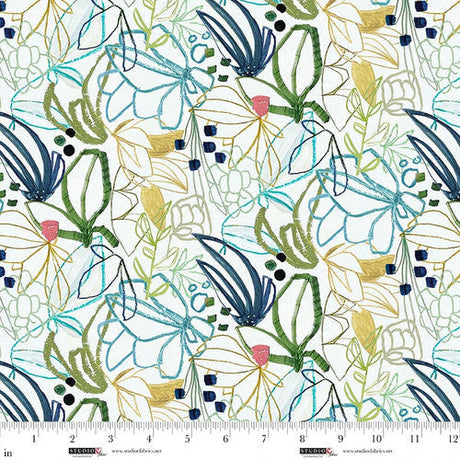 Cotton Print Matcha Abstract Outline Flowers Fabric 44/45"