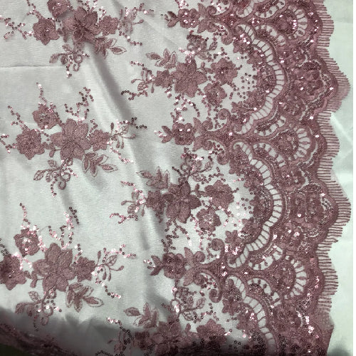 Mauve Sequin Lace Fabric - Embroidered Mesh, Mauve