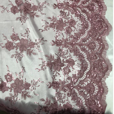 Mauve Sequin Lace Fabric - Embroidered Mesh, Mauve