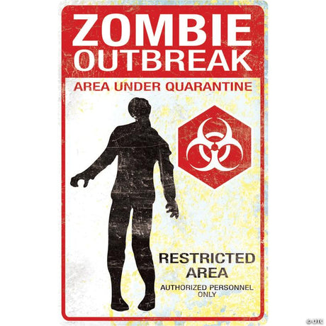 RADYAN Metal Zombie Outbreak Warning Sign for Haunted Displays and Halloween Decor shown in a clear product image