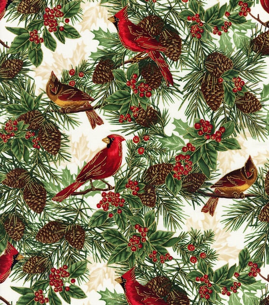 Quilting Cotton Metallic Cardinals & Pinecones Christmas Timeless Treasures