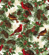 Quilting Cotton Metallic Cardinals & Pinecones Christmas Timeless Treasures