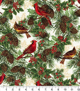 Quilting Cotton Metallic Cardinals & Pinecones Christmas Timeless Treasures