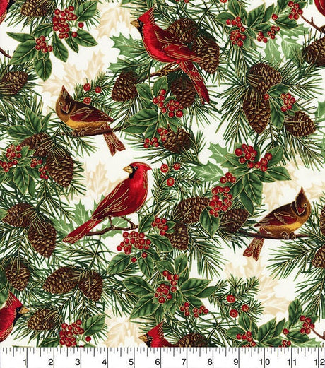 Quilting Cotton Metallic Cardinals & Pinecones Christmas Timeless Treasures