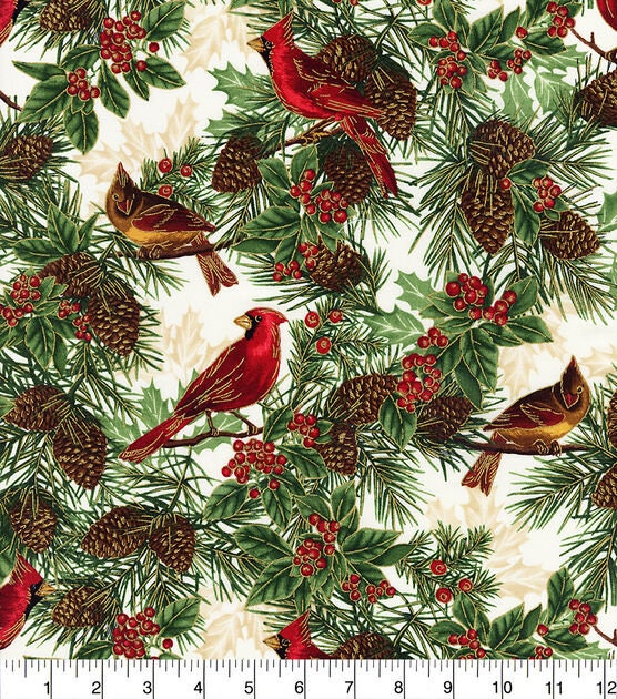 Quilting Cotton Metallic Cardinals & Pinecones Christmas Timeless Treasures