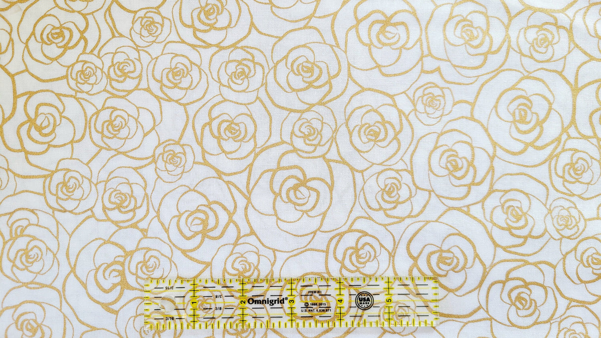 Quilting Cotton Metallic Gold Roses 100% Cotton