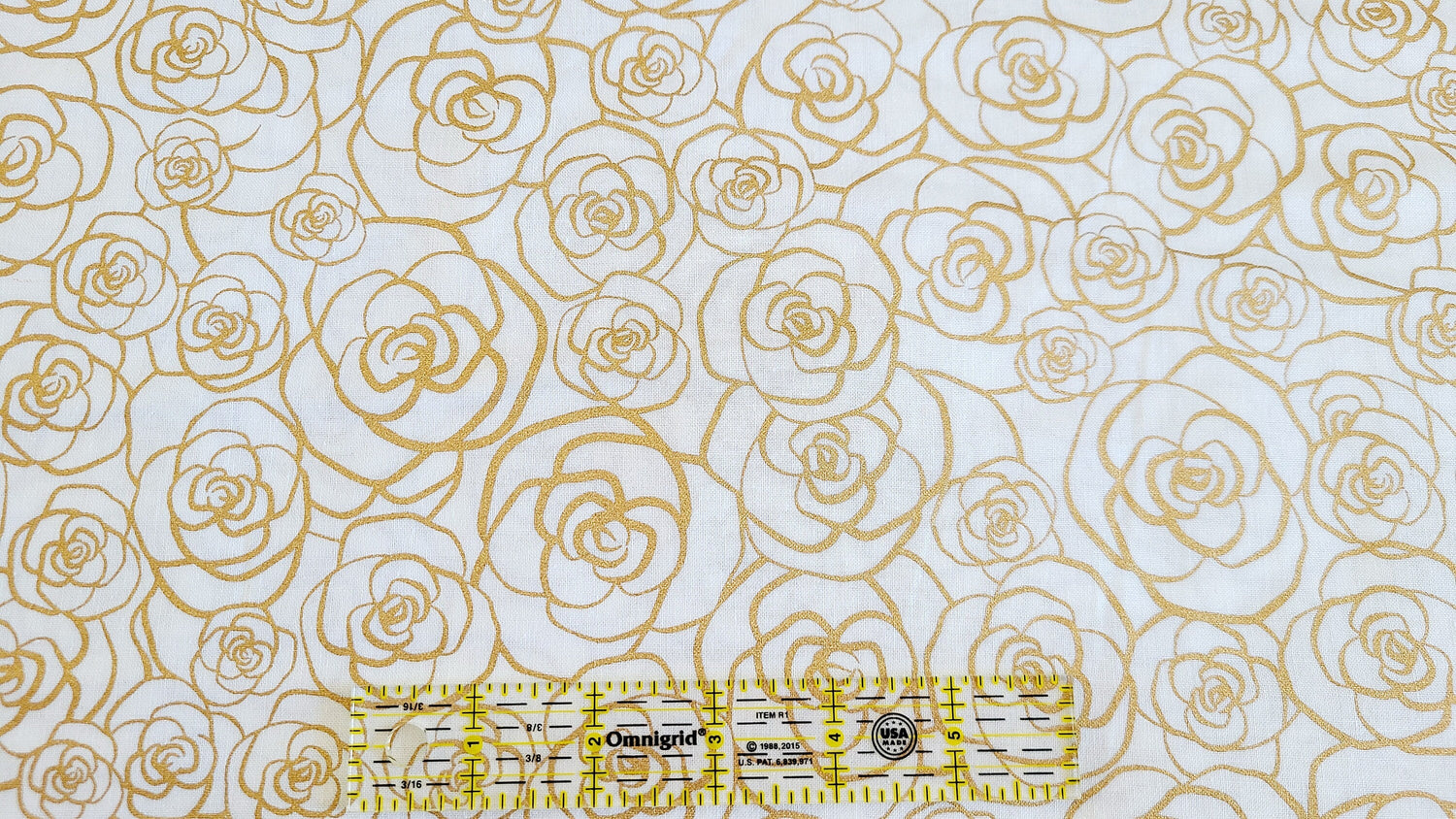 Quilting Cotton Metallic Gold Roses 100% Cotton