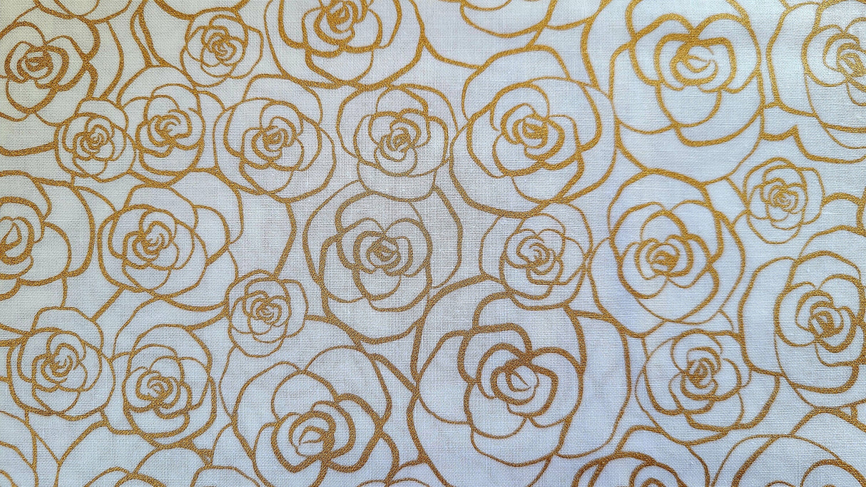 Quilting Cotton Metallic Gold Roses 100% Cotton