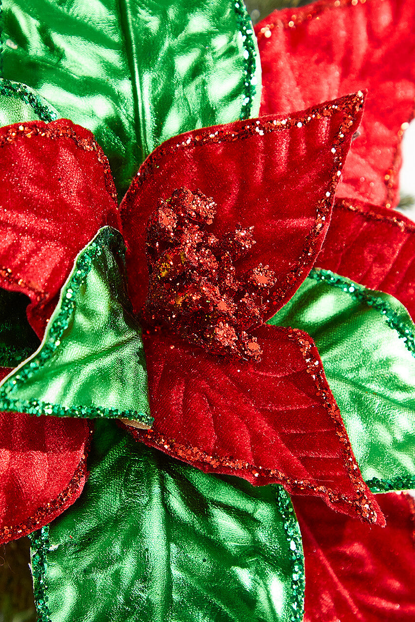 22" Metallic Green and Red Poinsettia Stem