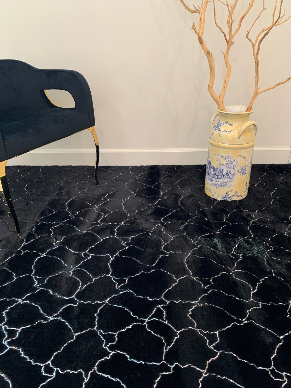 Black Marble With Silver Metallic Shimmery Design Faux Rabbit Touch Rug - Polyester Faux Fur Rug, Black Silver Marble, 7'6" X 10'3", 5' X 7' (1 Piece)