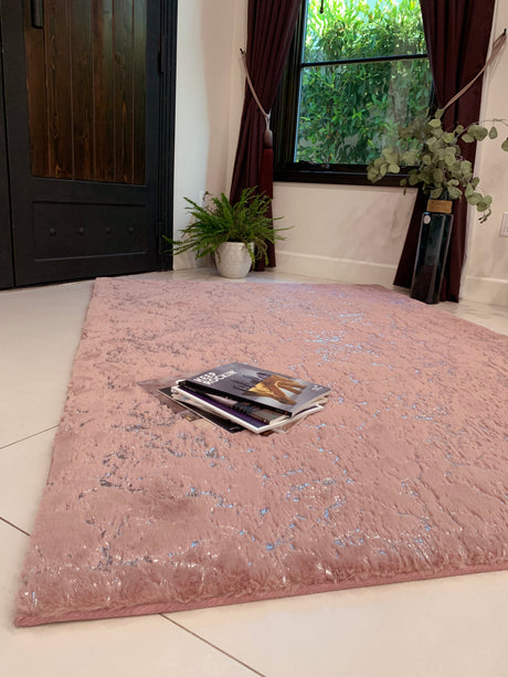Rose Pink With Silver Metallic Shimmery Design Faux Rabbit Touch Rug - Faux Fur Rug, Rose Silver Scattered, 7'6" X 10'3" (1 Unit)